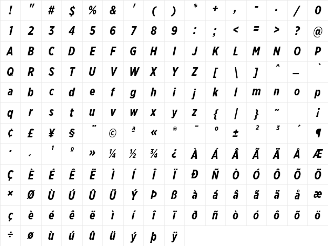 Gotham XNarrow Bold Italic Character Map Gotham XNarrow Bold Italic Character Map