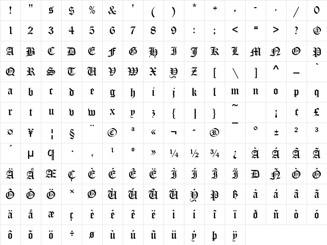 Old English Becker Regular Character Map Old English Becker Regular Character Map