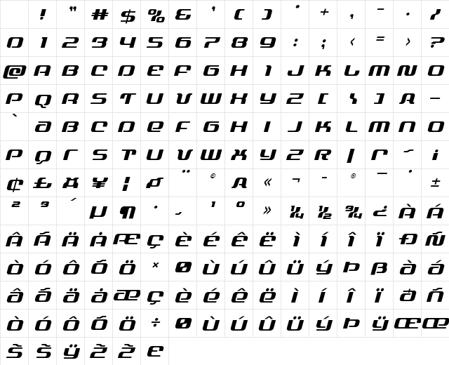 Yeoman Jack Italic Regular Character Map