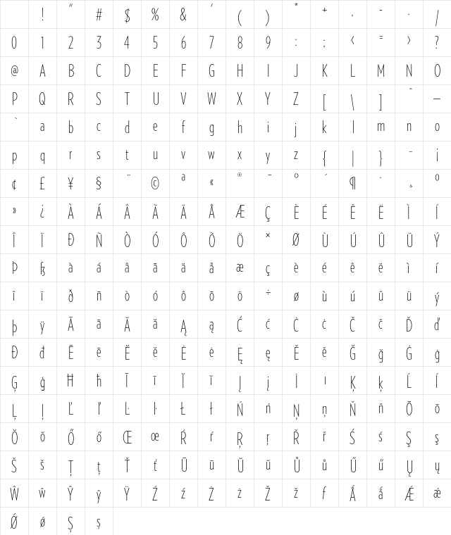 Verlag Compressed Extra Light Character Map