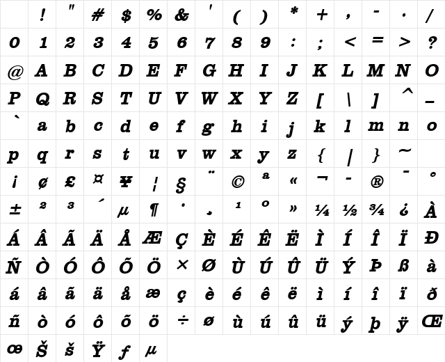 Clare BoldItalic Character Map Clare BoldItalic Character Map