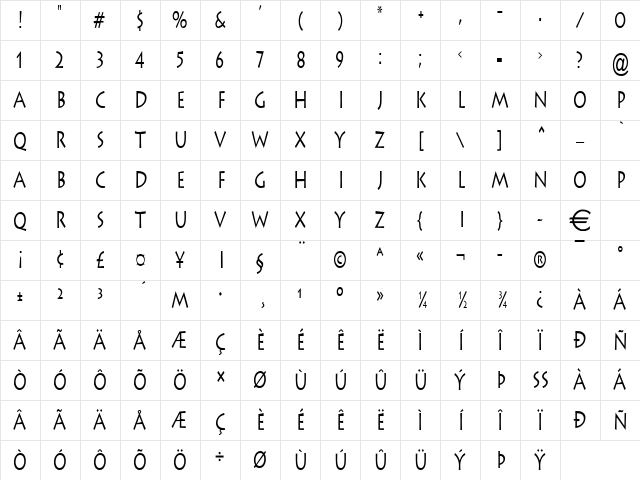 ListeThin Normal Character Map ListeThin Normal Character Map