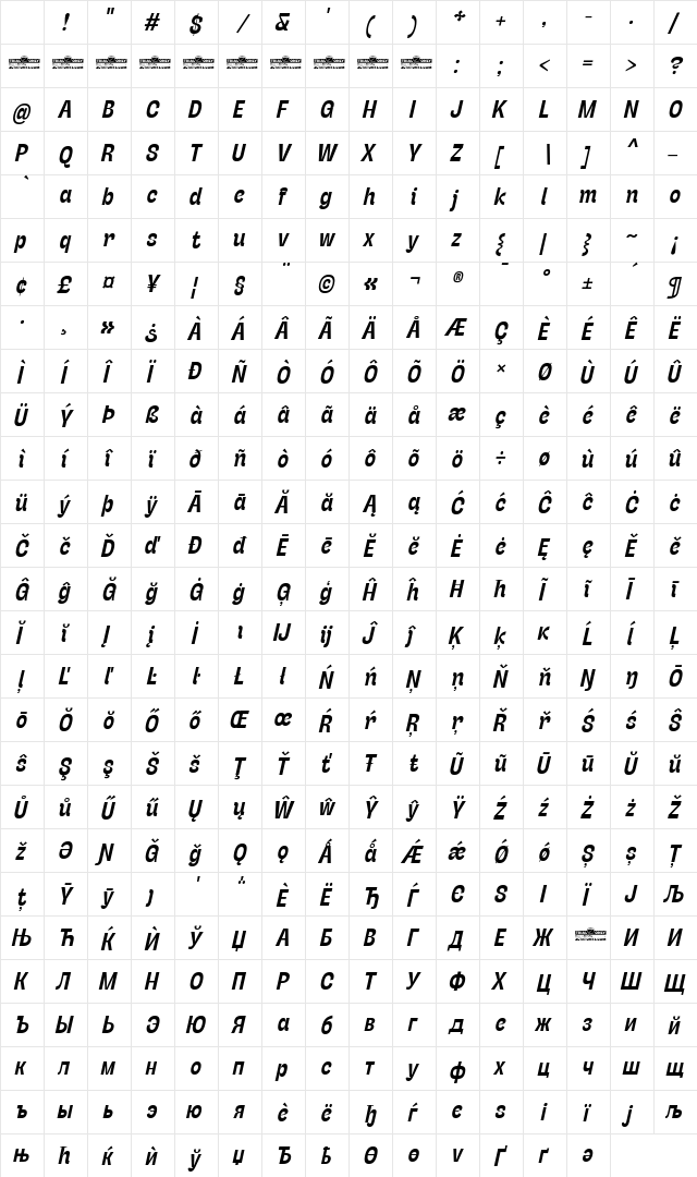Stinger Slim Trial Bold Italic Character Map Stinger Slim Trial Bold Italic Character Map
