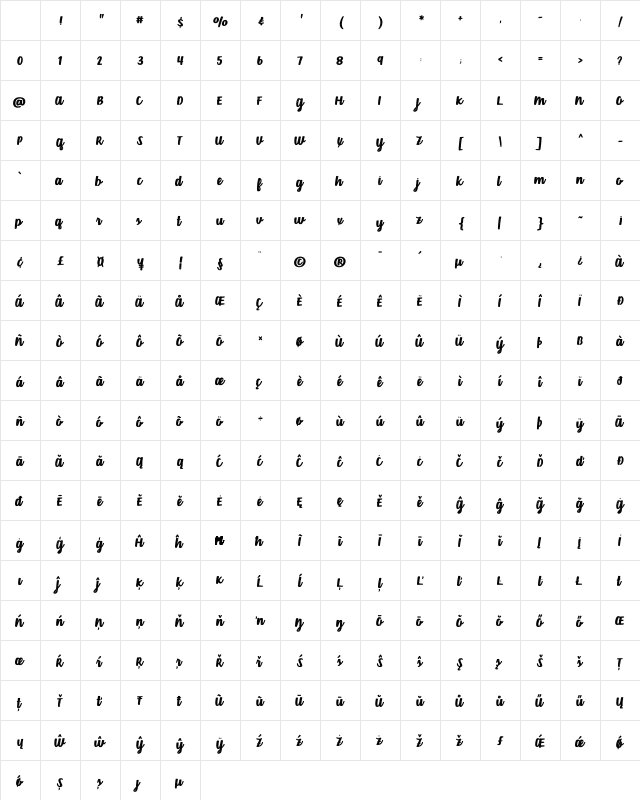 Dusty Velvet Regular Character Map Dusty Velvet Regular Character Map