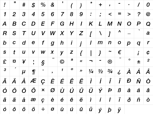 Helvetica Neue LT Pro 66 Medium Italic Character Map