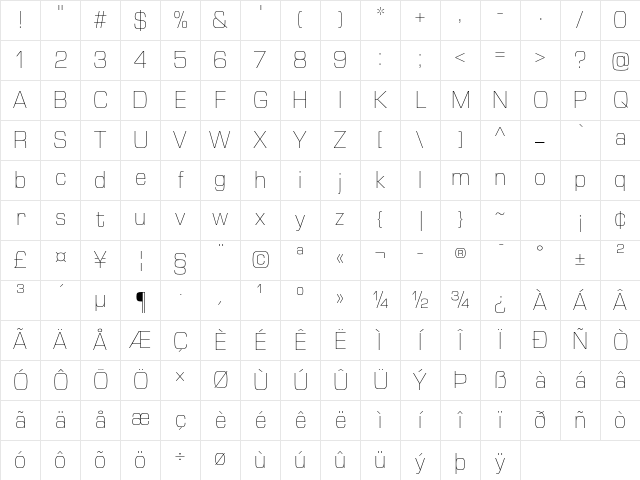 Eurostile Next LT Pro Ultra Light Character Map