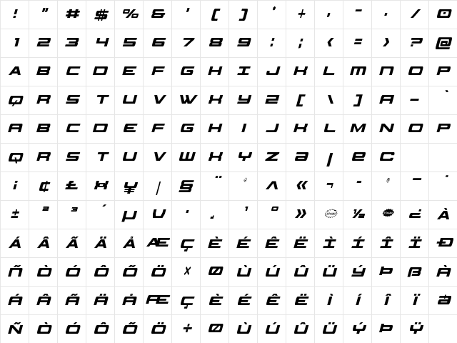 Classic Cobra Extra-Condensed Italic Extra-Condensed Italic Character Map