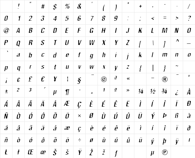 SB Tokyo Oblique Character Map