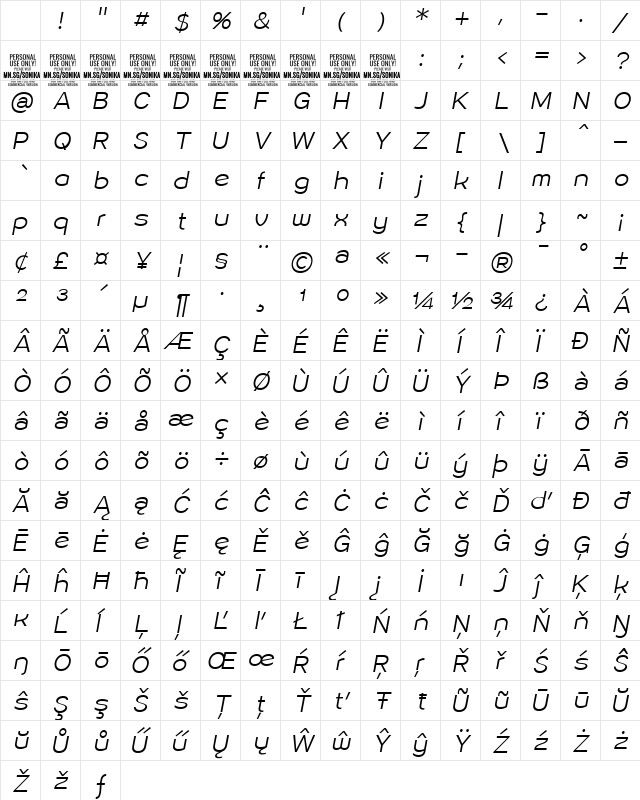 Sonika PERSONAL USE Light Italic Character Map