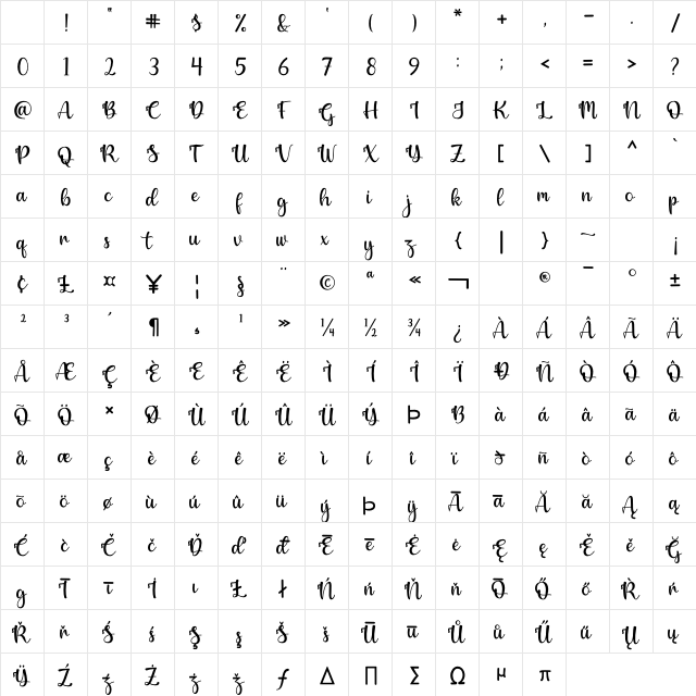 Winter Regular Character Map Winter Regular Character Map