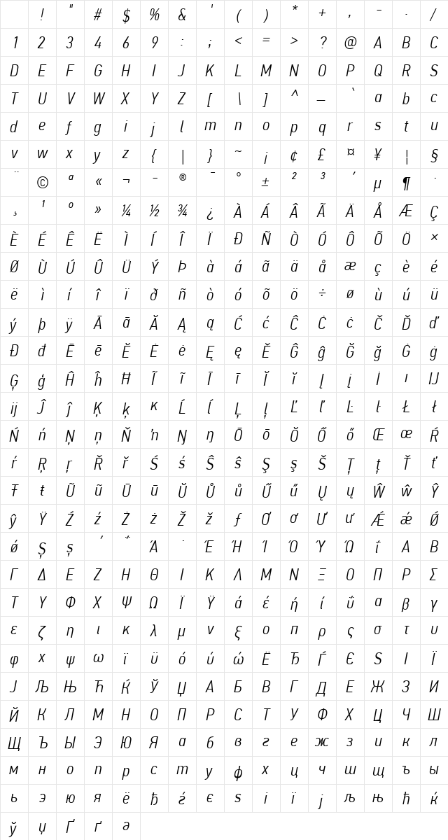 PF Din Text Cond Pro Light Italic Character Map PF Din Text Cond Pro Light Italic Character Map