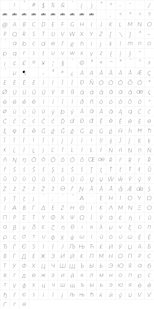 Unigeo64 Trial Extralight Italic Character Map