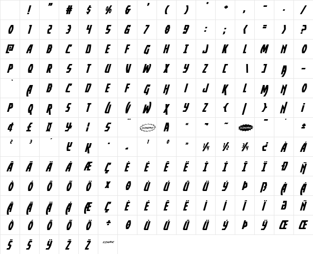 Yankee Clipper Expanded Italic Character Map Yankee Clipper Expanded Italic Character Map