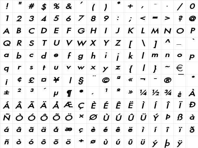 FusiWide BoldItalic Character Map FusiWide BoldItalic Character Map