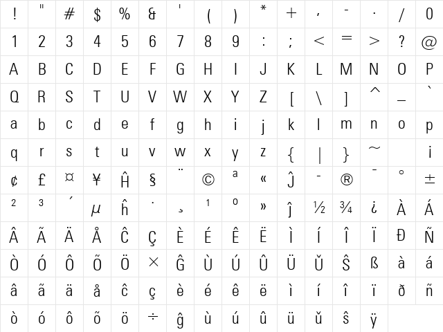 Zurich Eo Light Character Map