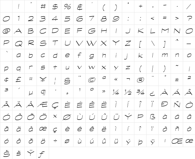 GraphiteLightExtended Oblique Character Map