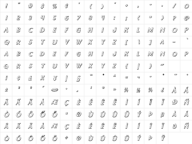 Body Swipers 3D Italic Italic Character Map