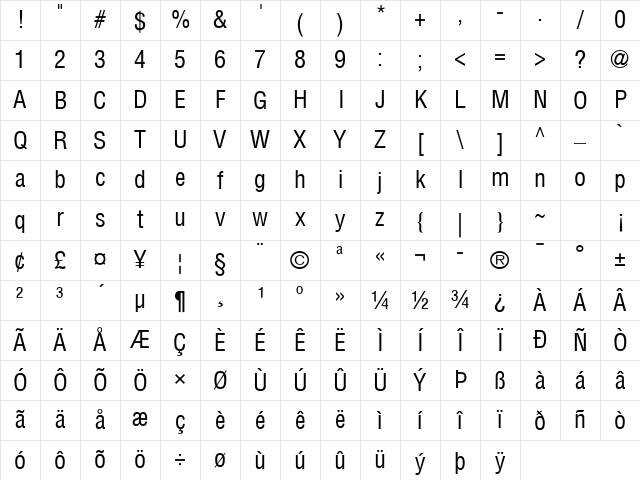 Helvetica Condensed Regular Character Map