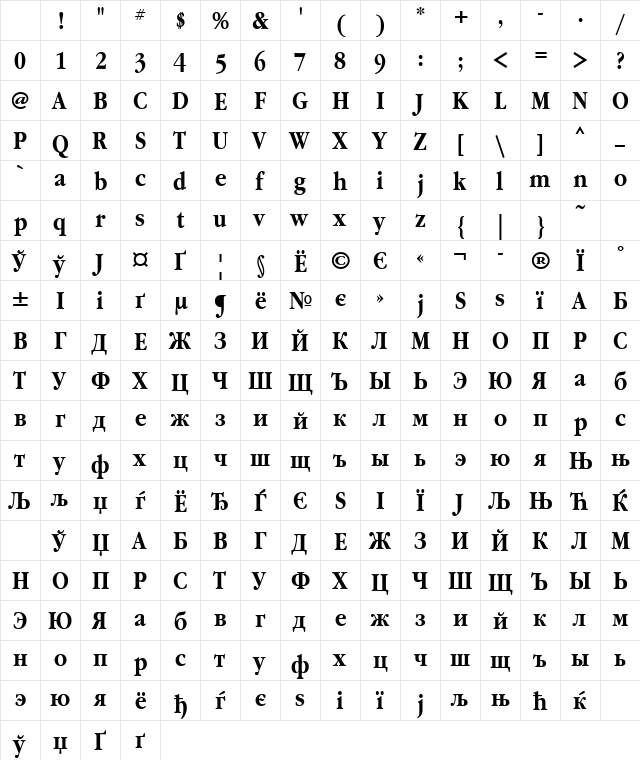 GaramondNarrowCTT Bold Character Map GaramondNarrowCTT Bold Character Map