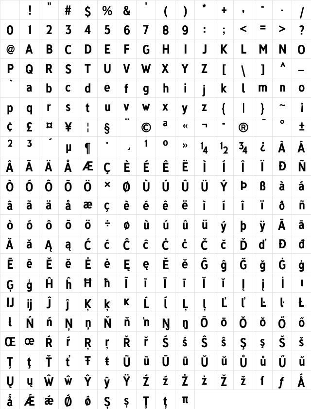 Deansgate Condensed Bold Character Map