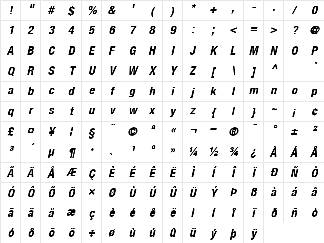 HelveticaNeue Cond BoldOblique Character Map HelveticaNeue Cond BoldOblique Character Map