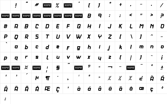 THUNDERBOSS - Personal Use Italic Character Map THUNDERBOSS - Personal Use Italic Character Map