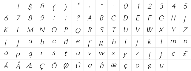 Enzia Light Italic Character Map Enzia Light Italic Character Map