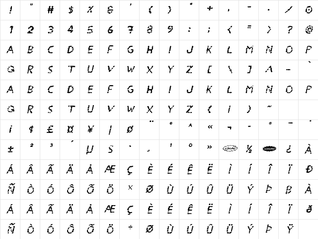 Blood Drenched Expanded Italic Regular Character Map
