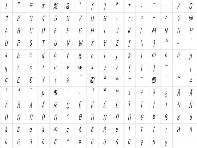 CynapseOblique Regular Character Map
