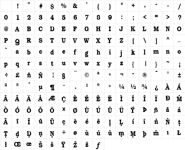 Pali Bookman Cond Regular Character Map
