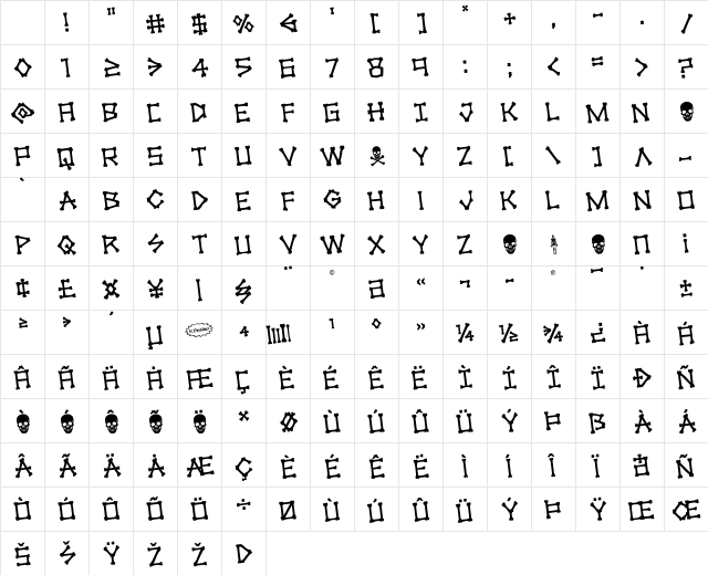 xBONES Rotated Regular Character Map