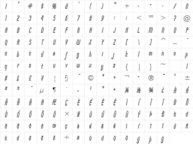 Operator Nine BTN Shadow Oblique Character Map