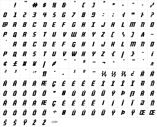 Rockledge Extra-Expanded Ital Extra-Expanded Italic Character Map