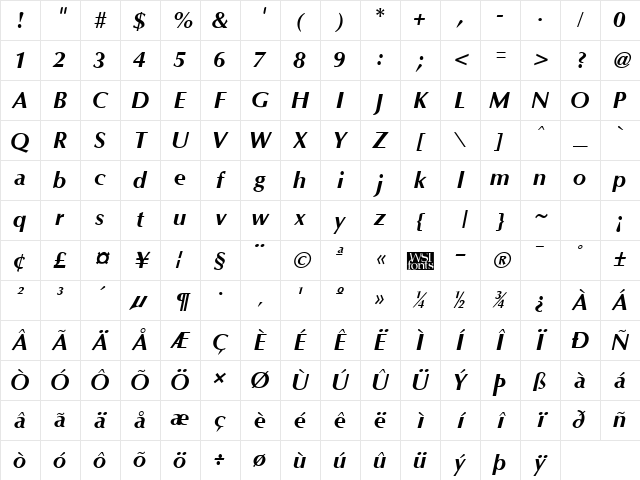 Optane Bold Italic Character Map