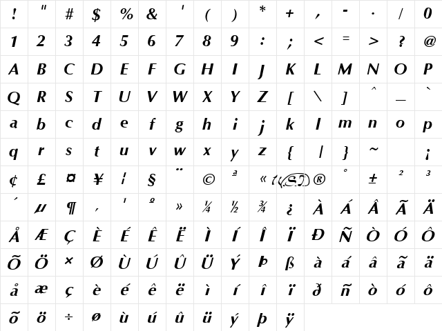 Optane Bold Italic Character Map