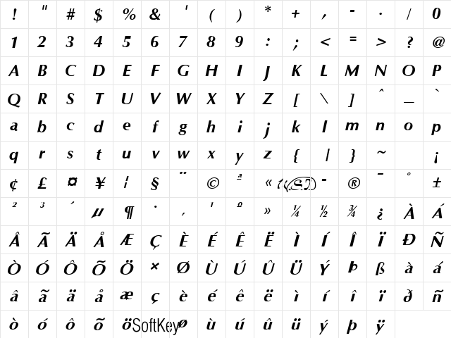 Optane Bold Italic Character Map