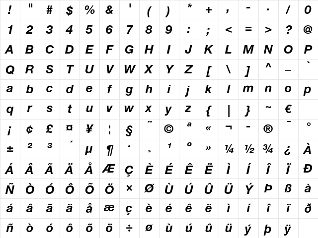 Helvetica Neue LT Pro 76 Bold Italic Character Map