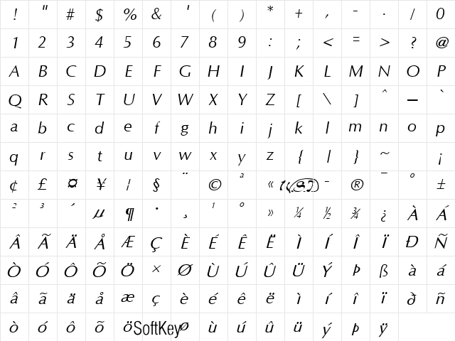 Optane Italic Character Map