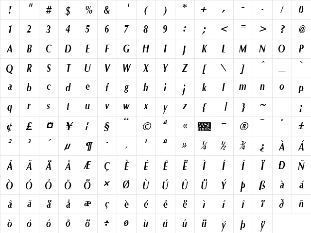 OptaneCompact Bold Italic Character Map
