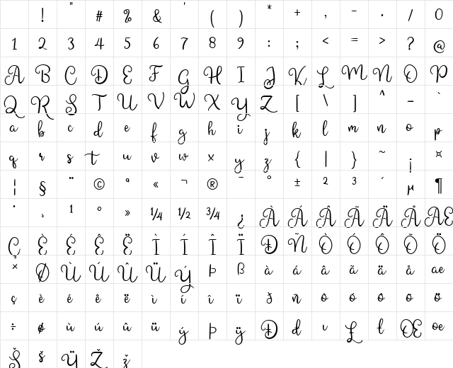 Shining Glory Regular Character Map Shining Glory Regular Character Map