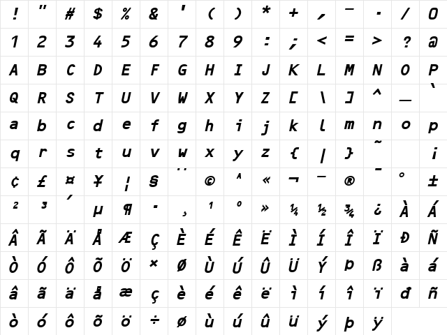 Optical B BoldItalic Character Map