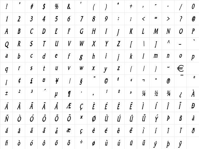 FrancoThin BoldItalic Character Map FrancoThin BoldItalic Character Map