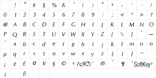 Optim Italic Character Map