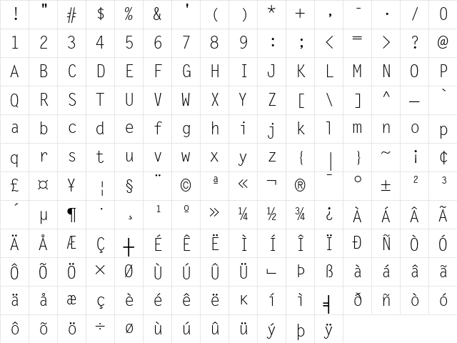 Letter Gothic Regular Character Map