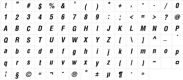 AGLettericaCondensedC Bold Italic Character Map AGLettericaCondensedC Bold Italic Character Map