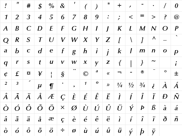 Optima LT Std DemiBold Demibold Italic Character Map