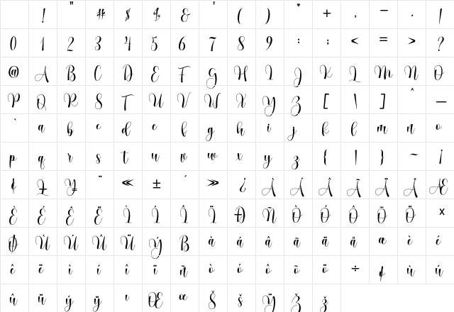 Mathilda Script Regular Character Map