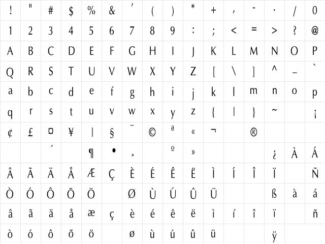 Optima Cn Regular Character Map