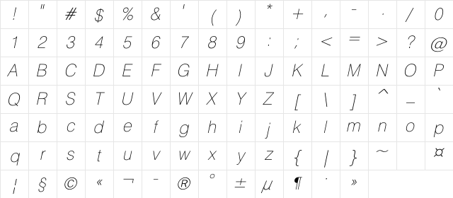 HeliosThin Italic Character Map