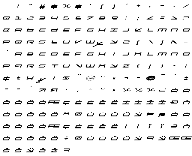 Oramac Italic Character Map